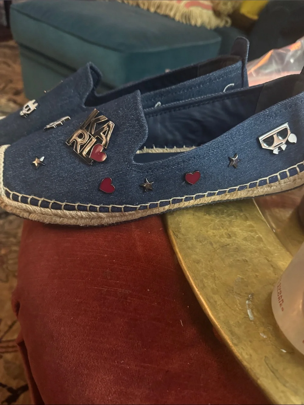 Karl Lagerfeld Navy Denim Espadrilles with Enamel Pins